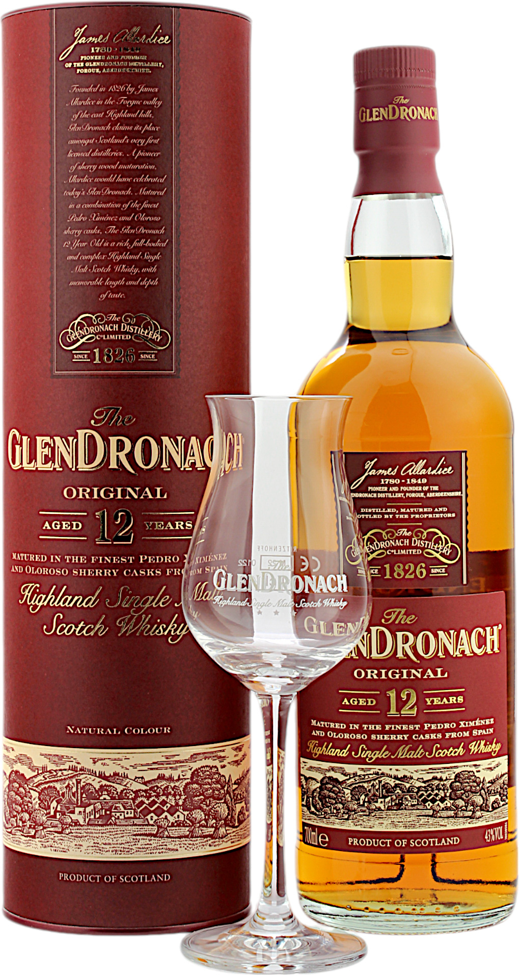 Glendronach 12 Jahre Set mit einem Glas 43.0% 0,7l