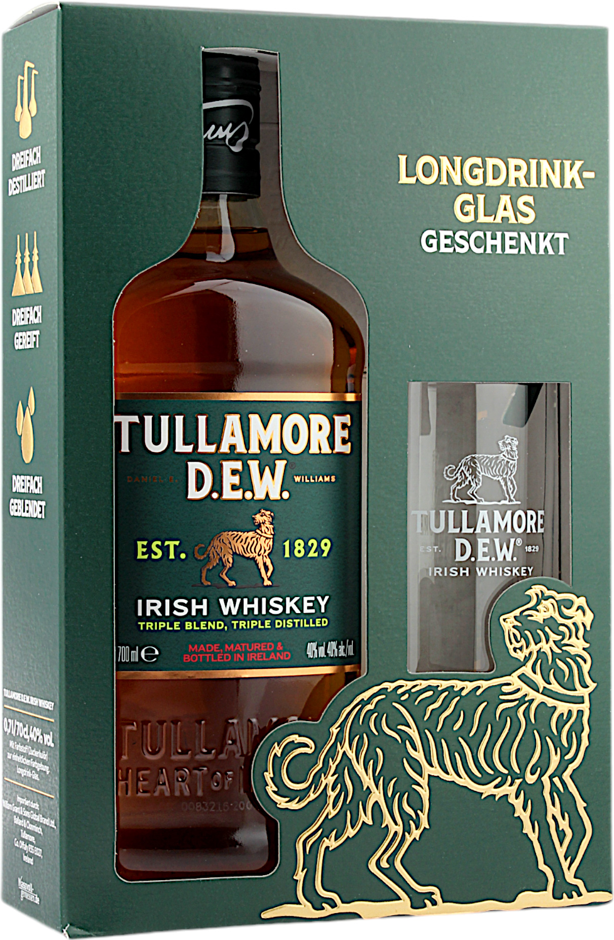 Tullamore Dew Geschenkset mit Longdrink Glas 40.0% 0,7l